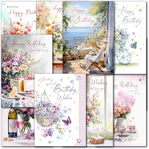 doodlecards Pack 10x Mixed Classic Female Happy Birthday Cards. Multipack Floral Flowers, Balloons, Dressmaking Cards with Envelopes. 100% Recyclable. Made in the UK.