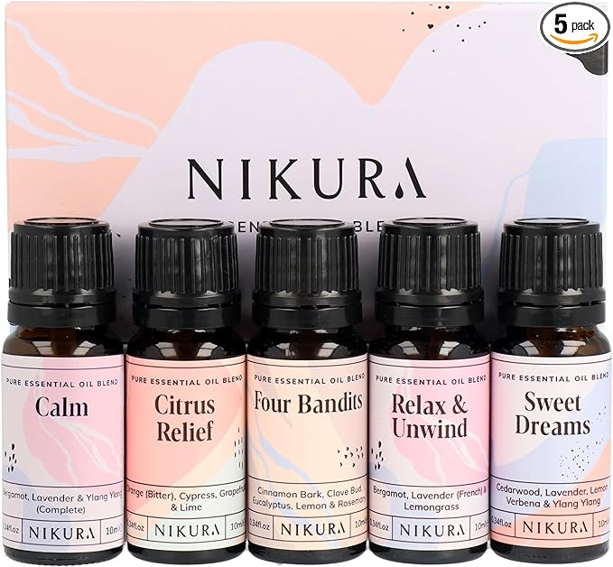 Nikura Essential Oils Blends Gift Set | Calming Essential Oils for Diffusers for Home, Sleep, Wax Melts | Relaxing Aromatherapy Oils | UK Made & Vegan