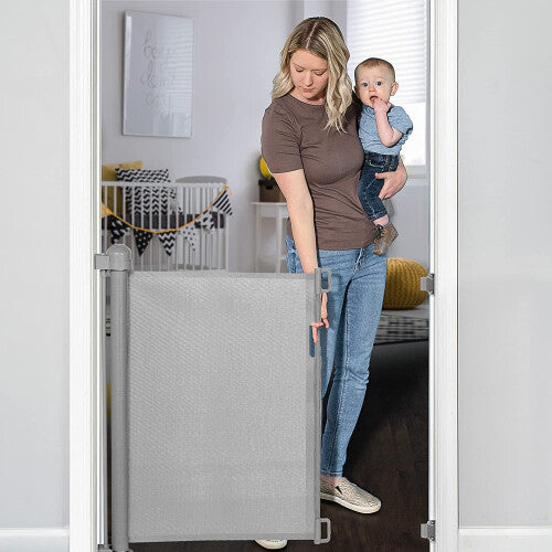 (Grey) Retractable Gate for Babies and Dogs  Extends to 130 cm Extra Wide Safety Baby Stair Gate