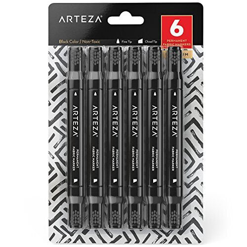 Arteza Black Fabric Markers [Set of 6] Dual-Tip Permanent Laundry Pen