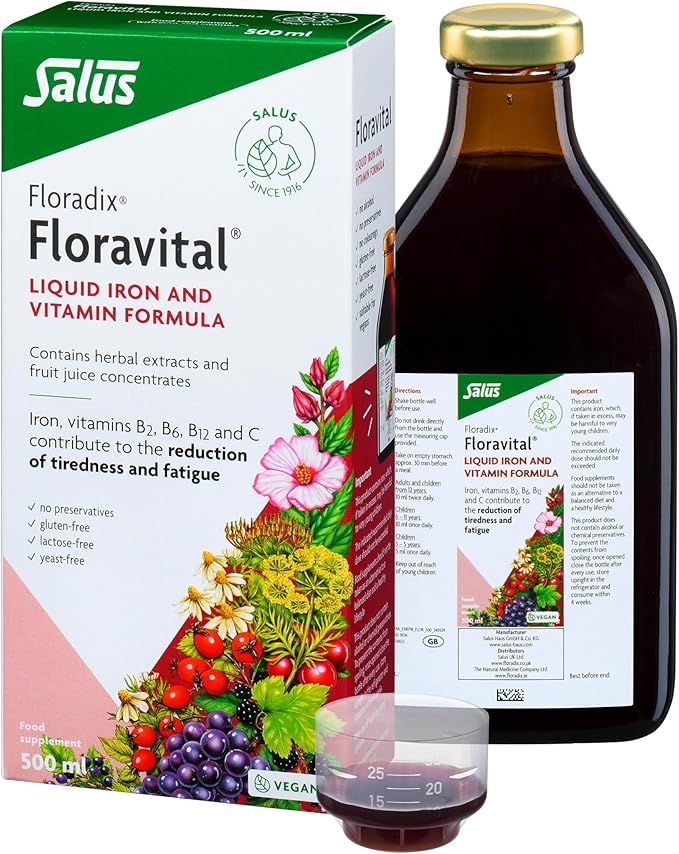 Floravital Liquid Iron & Vitamin Supplement 500ml. Contributes to The Reduction of Tiredness. Gluten Free. No preservatives. Suitable for Women, Children 3+, During Pregnancy and Vegans.