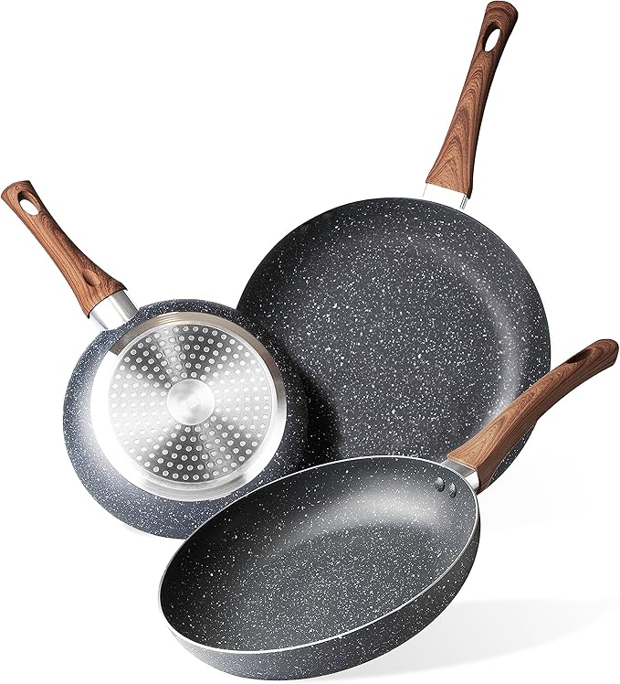 nuovva Induction Hob Pan Set – 3pcs Non Stick Frying Pan – Kitchen Cookware Nonstick – Marble, 20cm, 24cm & 28cm Frying Pans Set