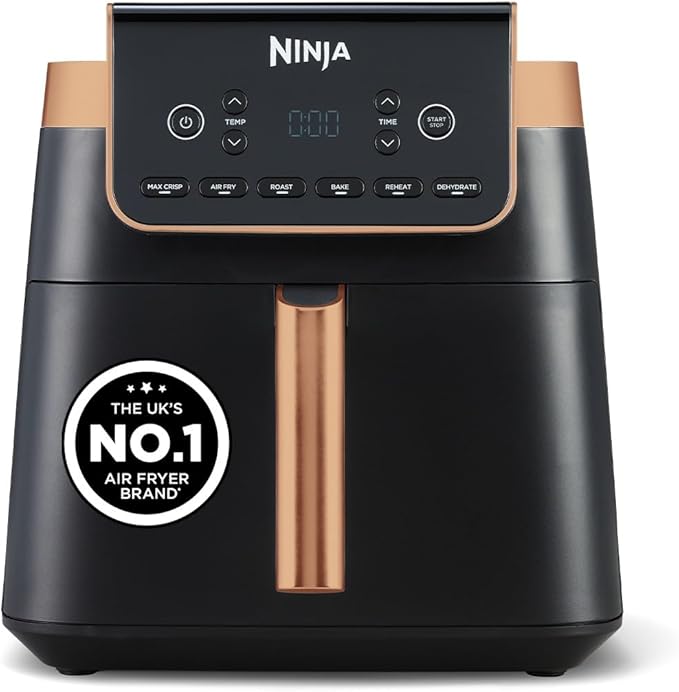 Ninja Air Fryer MAX PRO, 6.2L, Uses No Oil, Large Square Single Drawer, Roast, Bake, Air Fry, Family Size, Non-Stick, Dishwasher Safe Basket & Crisper Plate, Silicone Tongs, Black & Copper, AF180UKCP