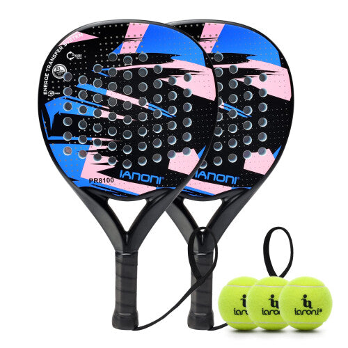 Padel Racket Carbon Fiber Surface with EVA Memory Flex Foam Core Padel Tennis Racquets Lightweight-2 Paddles with 3 Balls(Blue)