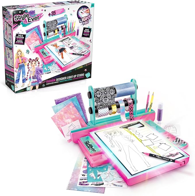 Style 4 Ever Fashion Designer Light Up Studio, Design Dream Outfits from Scratch, LED Drawing Pad, DIY Fashion Design Kit for Kids 6+ – Real Fabrics, Stickers & Gems Included
