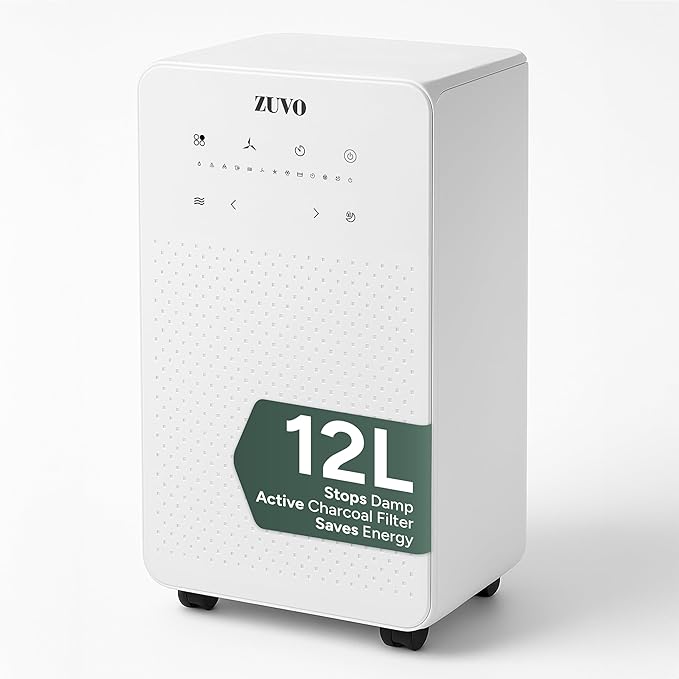 Zuvo - 12L/day Dehumidifier with Active Carbon Filter, Energy Efficient (costs less than 5p per hour) Low Noise Dehumidifiers for Home with 2 L Tank, Timer, Laundry Drying Mode, Continuous Drainage