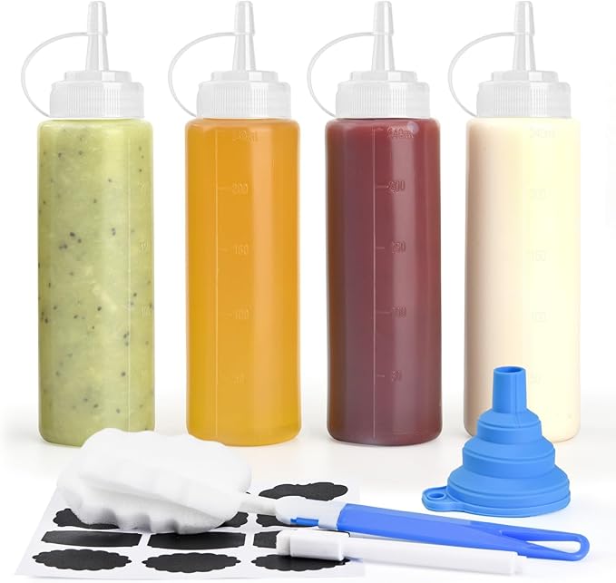 4 Pcs 8 oz Condiment Squeeze Bottles for Sauce, Plastic Squeeze Bottles, Squirt Bottle Oil Container Dispenser for Ketchup, Sauce, BBQ, Grilling, Salad Dressing, Honey,Paint and Craft