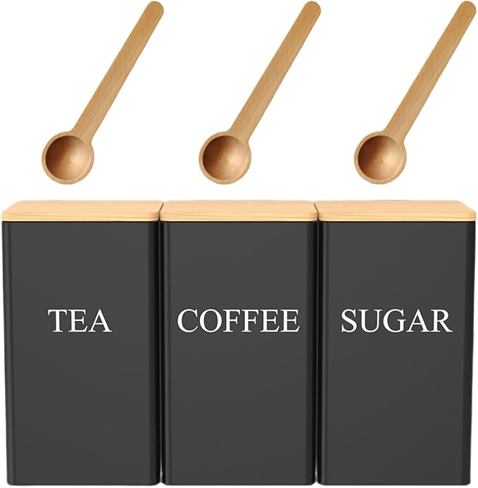 Tea Sugar and Coffee Canisters set 1L Vintage Kitchen Canister Set tea coffee sugar 3 Piece of Metal Canister Storage Jar Container Set With Lid & Spoon (Square Black)