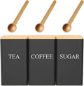Tea Sugar and Coffee Canisters set 1L Vintage Kitchen Canister Set tea coffee sugar 3 Piece of Metal Canister Storage Jar Container Set With Lid & Spoon (Square Black)