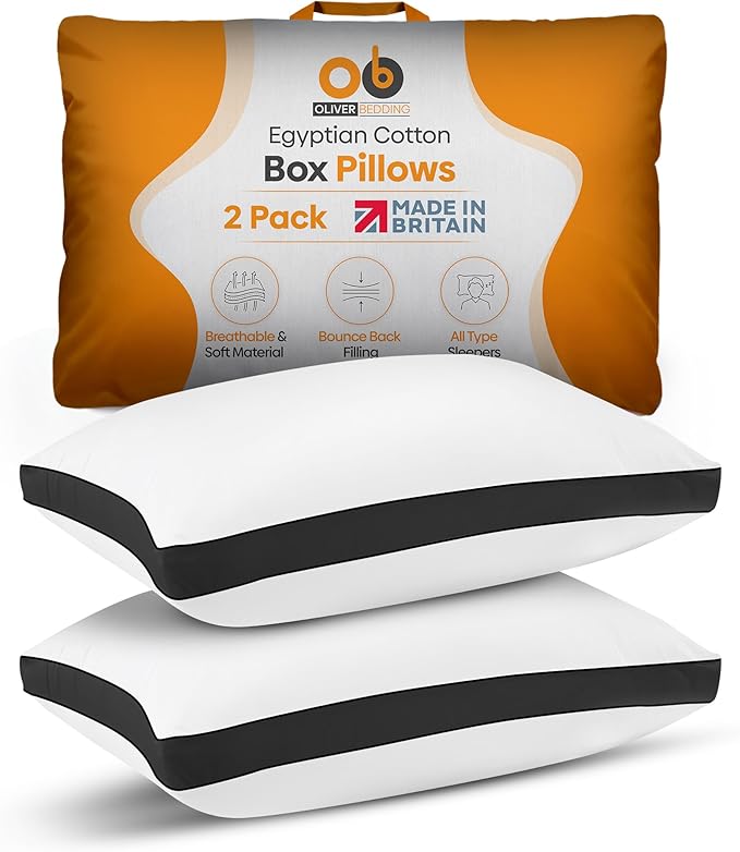 Premium Egyptian Cotton Box Pillows Hotel Quality Pillows for Back Stomach and Side Sleepers Down Alternative Filling Bed Pillow Hypoallergenic Breathable Washable Cover (Pack of 2) (Black)