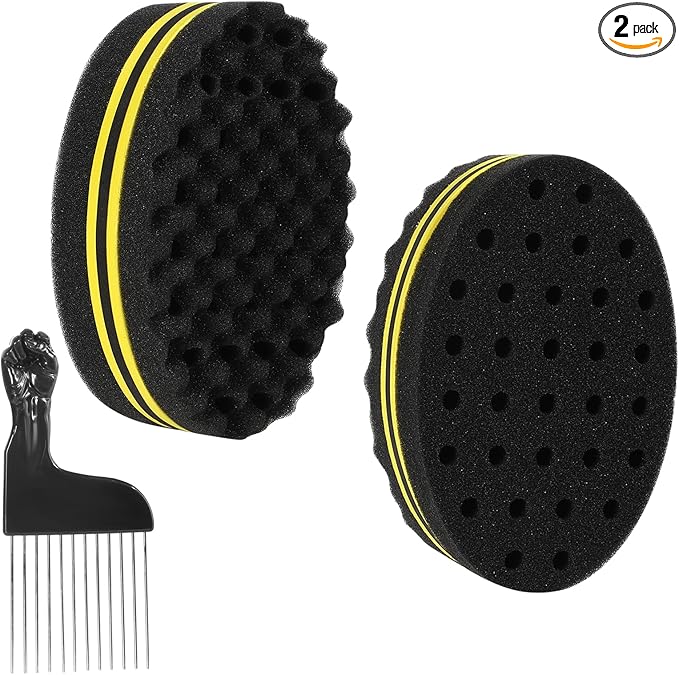 Hair Sponge Brush Small Holes Afro Coils Hair Brushes Twists Dread Double Side Hair Sponge for Curls for Home and Barber 2 Pcs with 1 Pc Hair Pick