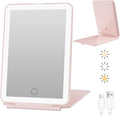 FUNTOUCH Rechargeable Portable Travel Mirror Illuminated, 3 Colours Lighting, Dimmable Touch Screen, Foldable Makeup Mirror with Light (Pink)