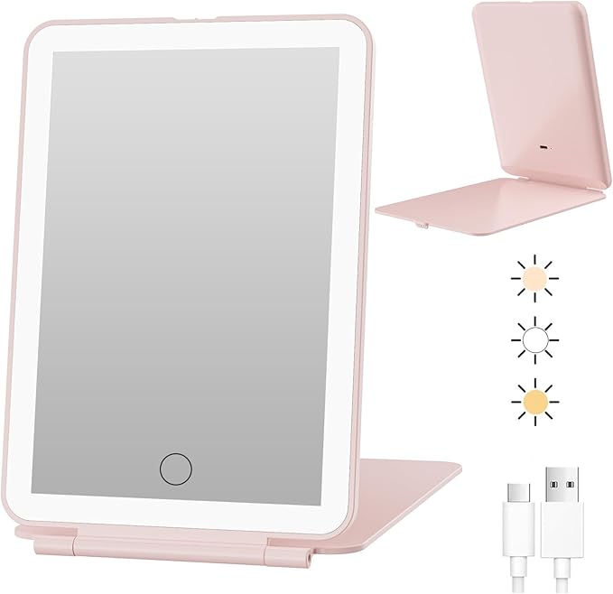 FUNTOUCH Rechargeable Portable Travel Mirror Illuminated, 3 Colours Lighting, Dimmable Touch Screen, Foldable Makeup Mirror with Light (Pink)