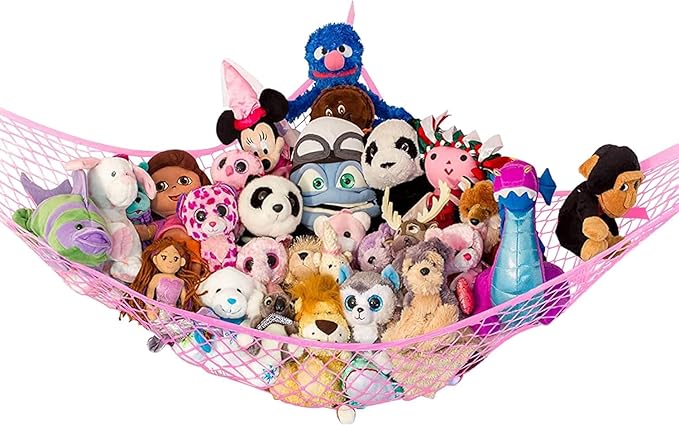Lilly's Love Large Stuffed Animal Hammock | Corner Hanging Organizer, Stuffed Animal Storage | Easy to Hang Plushie Net w/Included Anchors & Hooks | Cute Room & Bedroom Decor (Pink)