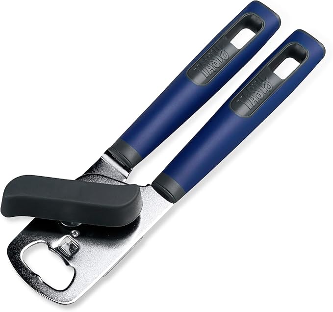 Tasty Everyday 2 in 1 Can Opener with Built-in Bottle Opener, Metal Can and Jar Opener, Kitchen Utensil, Robust Tin Opener with Sturdy and Soft-Touch Handles, Colour: Dark Blue, Grey & Silver