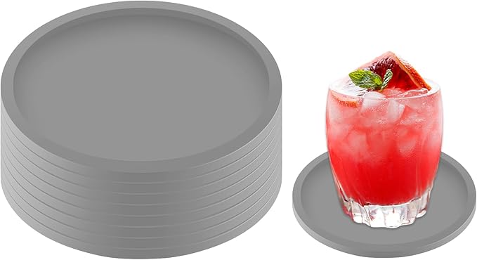 Gray Coasters Set of 8 Round Silicone Drink Coasters. Non-Slip Cup Mats for Coffee, Beer, Wine Glasses, and Bottles. Perfect for Home & Bar Use (Gray)