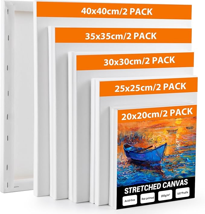 10 Pack Stretched Canvas for Painting, 40x40 35x35 30x30 25x25 20x20cm Art Canvases for Painting, Acid-Free/Cotton/Triple Primed/280GSM Blank Canvas Set for Acrylic & Oil Painting