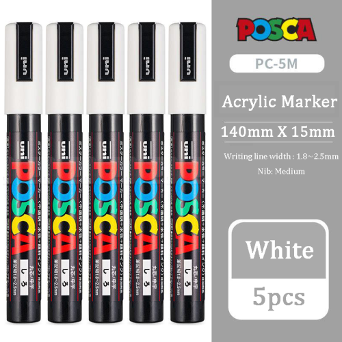 (PC-5M 5pcs White) Posca PC-5M Marker Pen, Acrylic Plumones Rotulador
