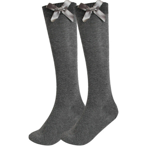 (Grey, 9-12) Girls Knee School Sock Plain Satin Bow Sock 3 Pack