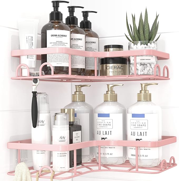 Kitsure Corner Shower Caddy - 2 Pack Rustproof Shower Organizer, Durable Shelf with Large Capacity, Drill-Free Adhesive Bathroom Shelves with 4 Movable Hooks, a Soap Holder, Large, Pink