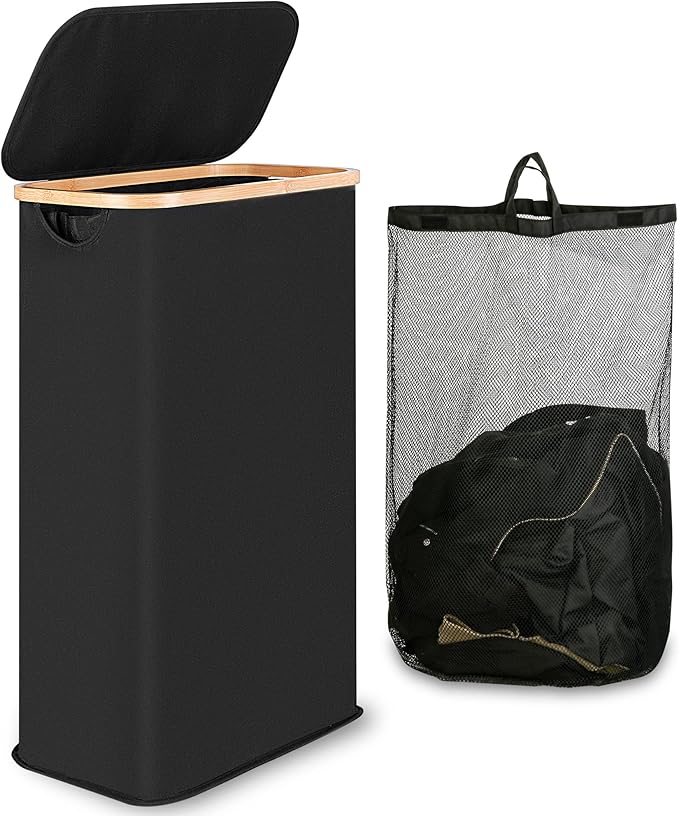 Laundry Basket, 60L Tall Washing Basket with Lid and Handle, Slim Foldable Laundry Hamper with Removable and Washable Inner Bag, Narrow Laundry Baskets for Bedroom Bathroom Laundry room (Black)