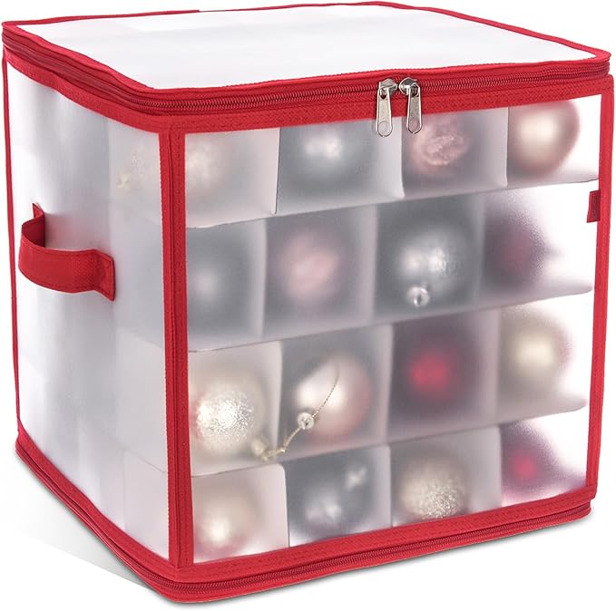 Christmas Village Bauble and Decoration Storage Cube with Padded Dividers for 64 Xmas Ornaments – Heavy Duty Folding 4 Layer Holder with Separators, Zipped Lid and Handles (Red)