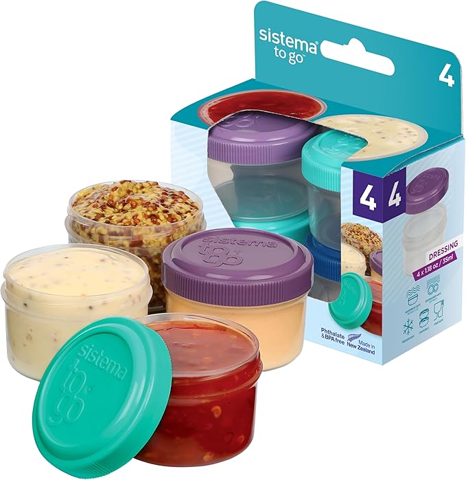 Sistema Dressing Pots To Go Food Container Sauce Pots With Lids 35 Ml Bpa-Free Blue, Green, Pink & Purple Lids Recyclable With Terracycle 4 Count