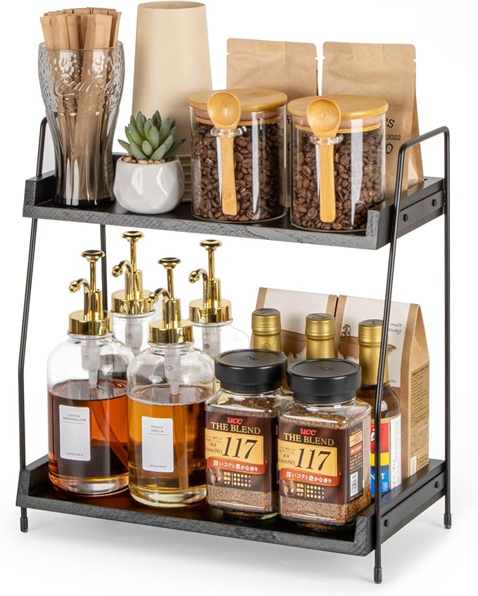 Coffee Station Organizer for Countertop, Wooden Kitchen Counter Shelf, 2 Tier Hot Chocolate Station Organizer, Coffee Bar Accessories, Countertop Shelf for Kitchen, Home, Office - Black