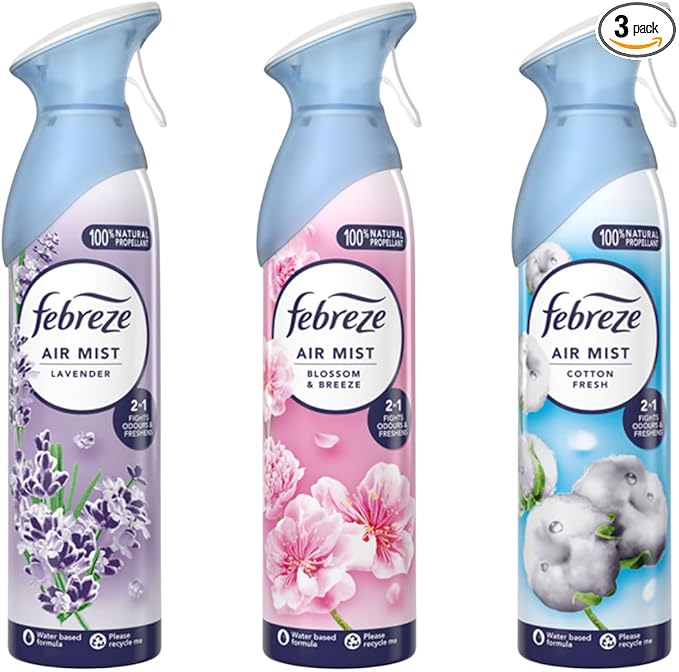Febreze Air Mist Air Freshener Spray odour Eliminator Home & Office Fragrances - Cotton Fresh - Lavender - Blossom & Breeze - 185ml - Box of 3