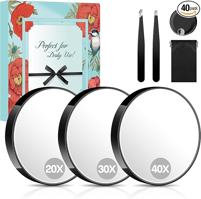 MIYADIVA 40X/30X/20X Magnifying Mirror, 3.5 Inch Round Compact Mirror with Suction Cup, 2Ps Stainless Steel Tweezers, Perfect for Makeup, Eyebrows, Beards, Travel