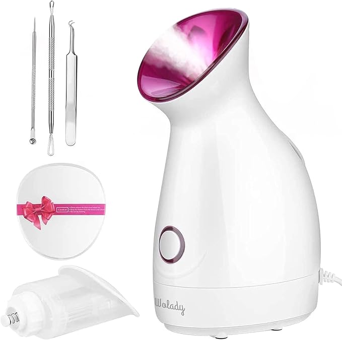 Facial Steamer, Wolady Nano Ionic Face Steamer for Pores with UV Light Hot Mist Moisturizing Sprayer Home Sauna SPA Bonus Blackhead Extractor Kit (Pink)