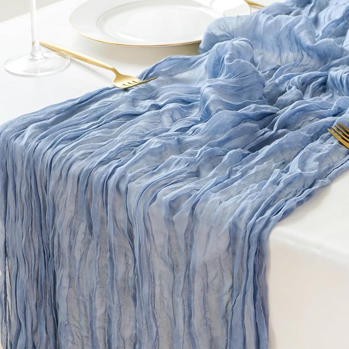 Sioloc 1 Pack Dusty Blue Cheesecloth Table Runner Summer Decor 90cmX300cm Boho Gauze Runner for Fall Autumn Decor Wedding Party Baby Bridal Shower Birthday Table Decorations
