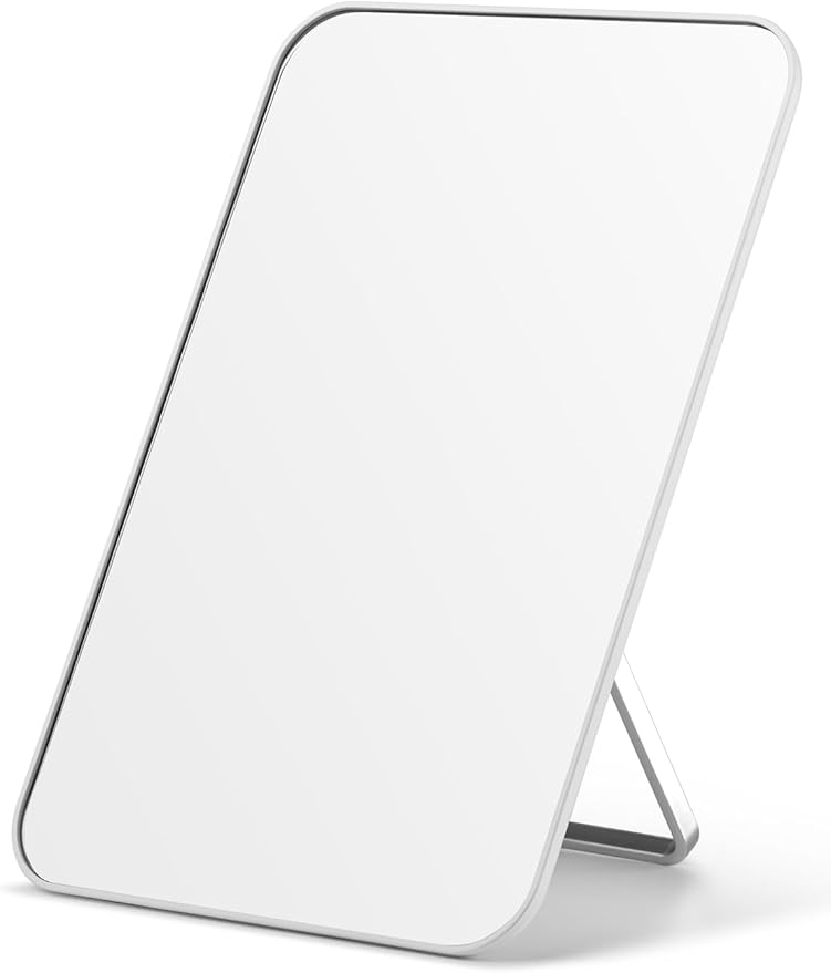 OMIRO Desk Makeup Mirror, 20 x 14cm Table Mirror with Foldable Stand and Hanging Hole for Shaving and Travelling, White