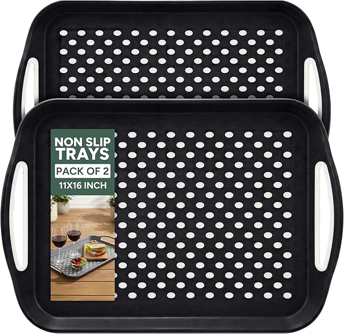 Zuvo Anti-Slip Food Serving Tray with Handles (Set of 2) – BPA-Free Plastic, Lightweight & Durable – Non-Slip couch Trays for Eating & Drinks (Black)