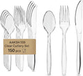 Pack of 150, Strong Reusable Clear Cutlery Set [ 50 Spoons, 50 Forks, 50 Knives Set ] Strong Cutlery Set for Birthday Parties Buffets Picnics BBQ's Wedding Camping Christamas Party.