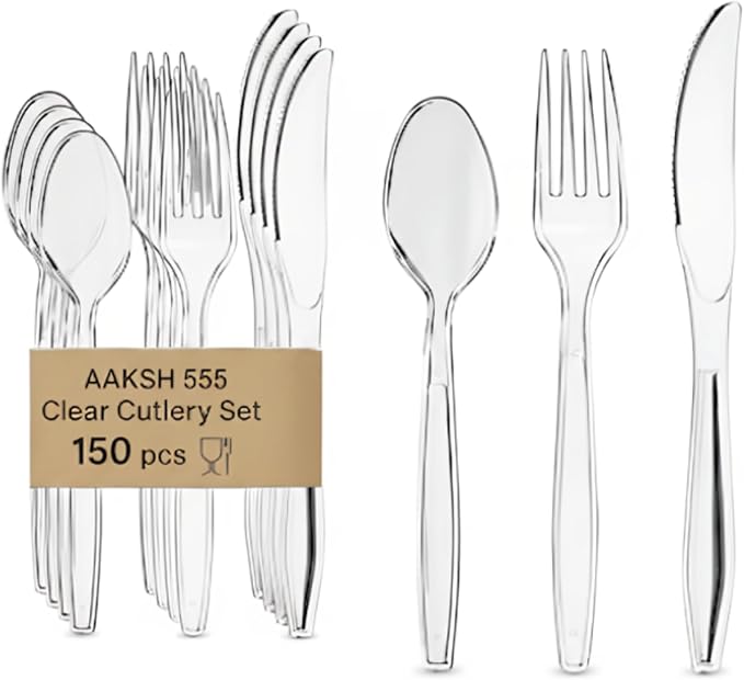 Pack of 150, Strong Reusable Clear Cutlery Set [ 50 Spoons, 50 Forks, 50 Knives Set ] Strong Cutlery Set for Birthday Parties Buffets Picnics BBQ's Wedding Camping Christamas Party.