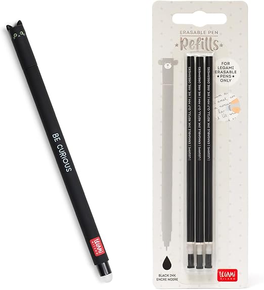 Legami - Erasable Gel Pen, Ball on the End to Remove Ink without Consuming the Paper - Black Thermal Sensitive Ink, Tip Diameter 0.7 mm - Cats Theme