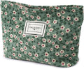 Cosmetic Bags for Women, Small Floral Canvas Cosmetic Bag, Rose Flower Printing Corduroy Toiletry Bag, Multifunctional Travel Makeup Bag with Metal Zipper for Women Girls Gift - Green Flower