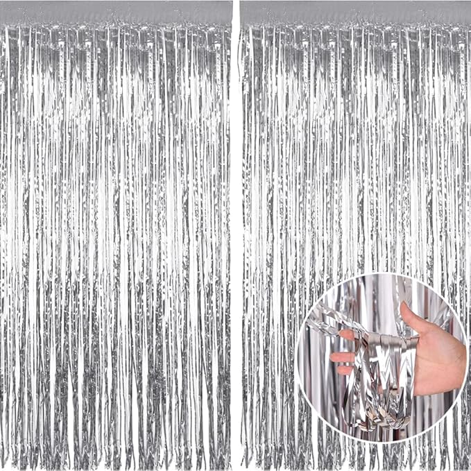 Tinsel Curtain - 2pcs 3.2ft x 6.5ft Tinsel Curtains Pastel Foils Fringe Party Decoration Background Door Curtains Hanging Streamers for Birthday School Party, Christmas New Year Decor (Silver)