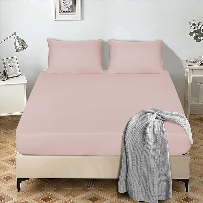 Fitted Sheet 25 cm Deep Brushed Microfiber Ultra Soft No-Iron Wrinkle-Resistant Plain Dyed Fitted Bed Sheets Hypoallergenic Breathable Sheets (Blush, Double)