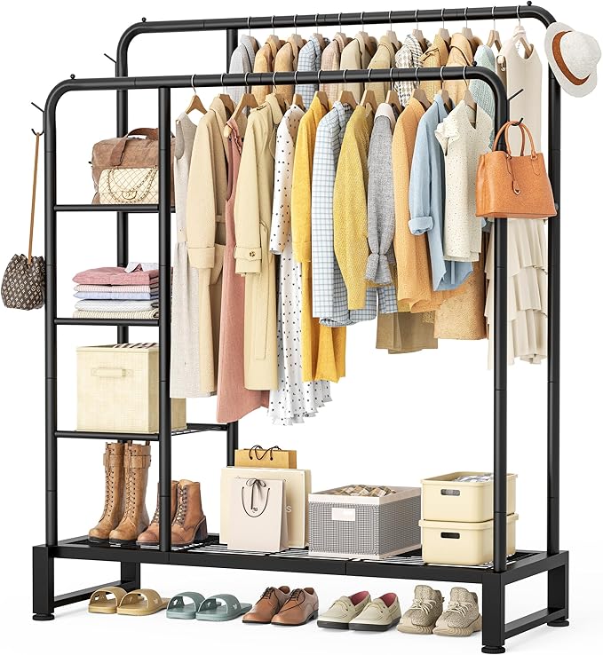 HOMIDEC Clothes Rail,Double Rail Clothes Rack with 4 Storage Shelves,Heavy Duty Metal Clothing Rail Supports to 80kg,Multifunctional Clothes Storage for Bedroom,Office,Shop(Black).
