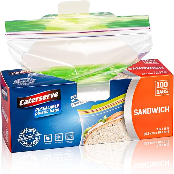 Plastic Sandwich Bags – Zip Food Bags – Transparent Lunch Bags with Ziplock Closure – 100 pcs Small Snack Bag – 7 x 8-inch Freezer Bags – Non-BPA Plastic – Reusable Sandwich Bags for School and Work