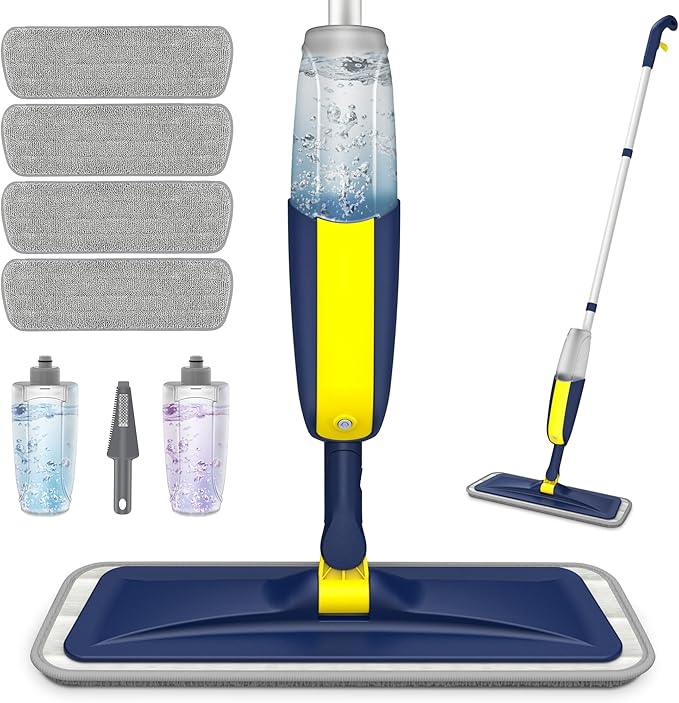 HOMTOYOU Spray Mop for Cleaning Floors: Wet Dry Flat Mop with Sprayer for Hardwood Tile Laminate Vinyl - 4 Microfiber Washable Pads for Home Kitchen