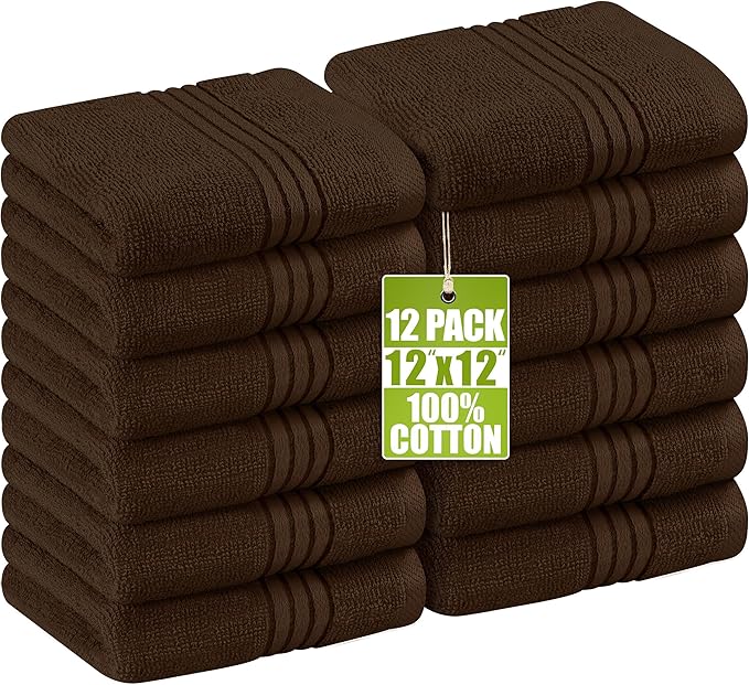 Utopia Towels - 12 Pack Luxury Wash Cloths Set (30 x 30 CM) 100% Cotton Ring Spun, Highly Absorbent and Soft Feel Washcloths for Bathroom, Spa, Gym, and Face Towel (Brown)
