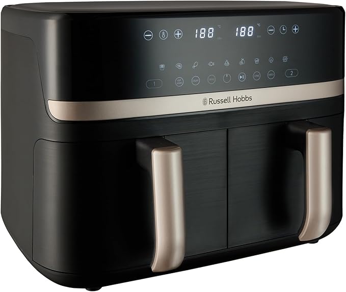 Russell Hobbs Dual Air Fryer 9L Rapid Airfryer [Dual Basket/Zone, Low-Noise, 9 Programs] satisfry (Dishwasher safe drawers, Max 200℃, Oil Free Cooking, Roast, Bake, Grill, Keep warm) 27680