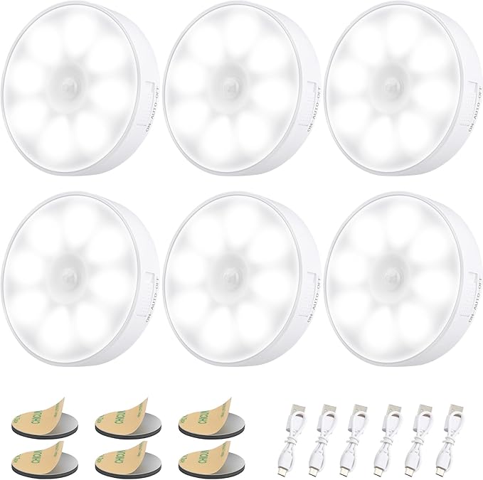 6 Pack Motion Sensor Lights Indoor, 8 LEDs Night Light USB Rechargeable, LED Adhesive Lamp with Magnetic Base, 3000K Induction Nightlight & 400mAh Battery, for Wardrobe,Stairs,Closet,Hallway