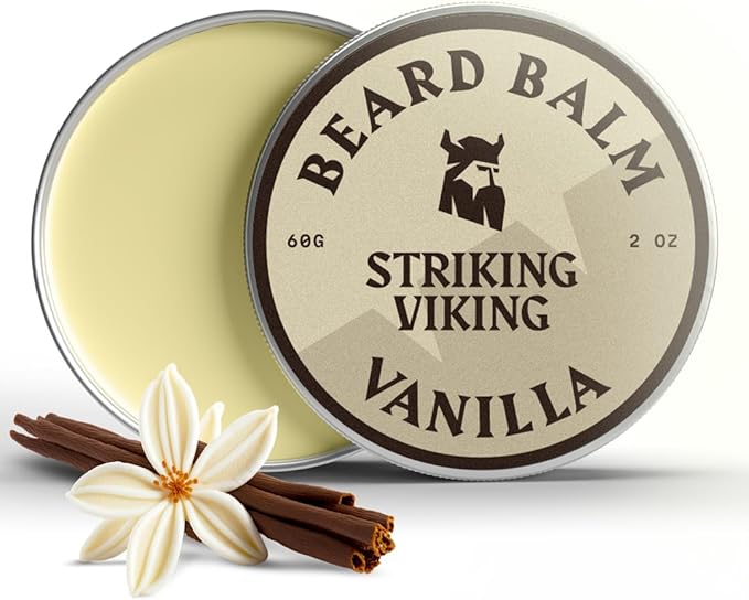 Striking Viking Beard Balm - 60 g, Vanilla - Softening Butter for Men - Tea Tree Oil Balm for Soothing Comfort - Hydrating Oil, Leave-In Conditioner Beard Wax