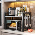 Expandable Microwave Oven Rack, Kitchen Countertop Over Microwave Stand Shelf Unit, Kitchen Worktop Organiser for Air Fryer, Space Saving Standing Baker's Racks (Black / 2-Tier)