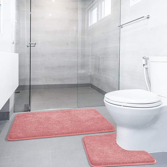 Non-Slip Bath Mat Set of 2, Luxury Thick Microfiber Shaggy Bathroom Rugs, 50 X 80 CM Soft Plush Shower Mat & 50 X 50 Toilet Pedestal Carpet, Machine Washable, Absorbent, Pink