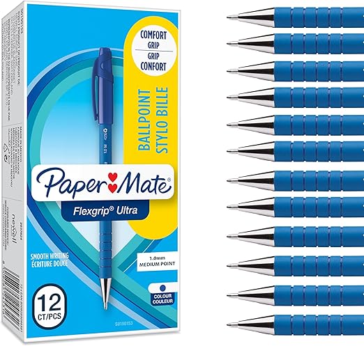 Paper Mate Flexgrip Ultra Ballpoint Pens | Medium Point (1.0mm) | Handwriting Pens & Stationery Supplies | Blue Pen Set | 12 Count
